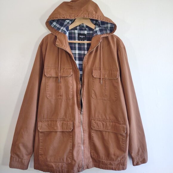 Forever 21 Men's Cargo Utility Chore Jacket Hood Flannel Lined Size XL - Picture 6 of 12